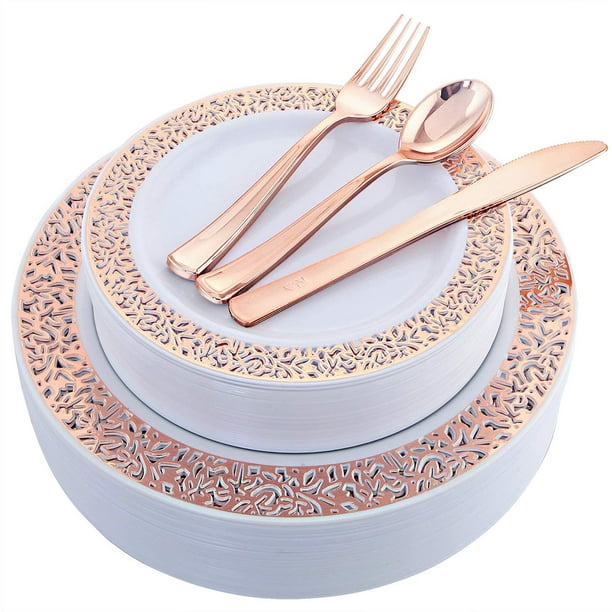 Details about Rose Gold Plates with Disposable Plastic Silverware Elegant Tableware 100 Pcs Details about Rose Gold Plates with Disposable Plastic Silverware Elegant Tableware 100 Pcs
